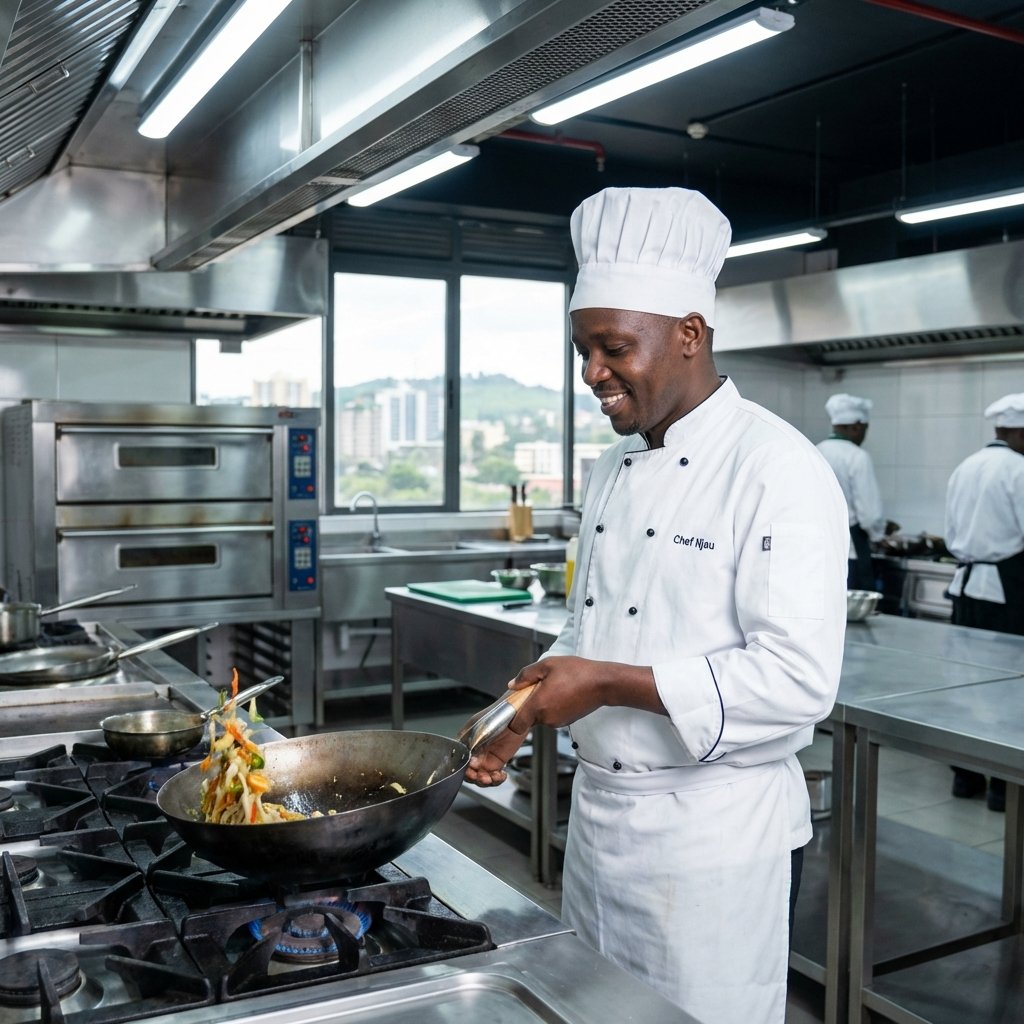 Professional chef training in modern kitchen in Nairobi, Kenya